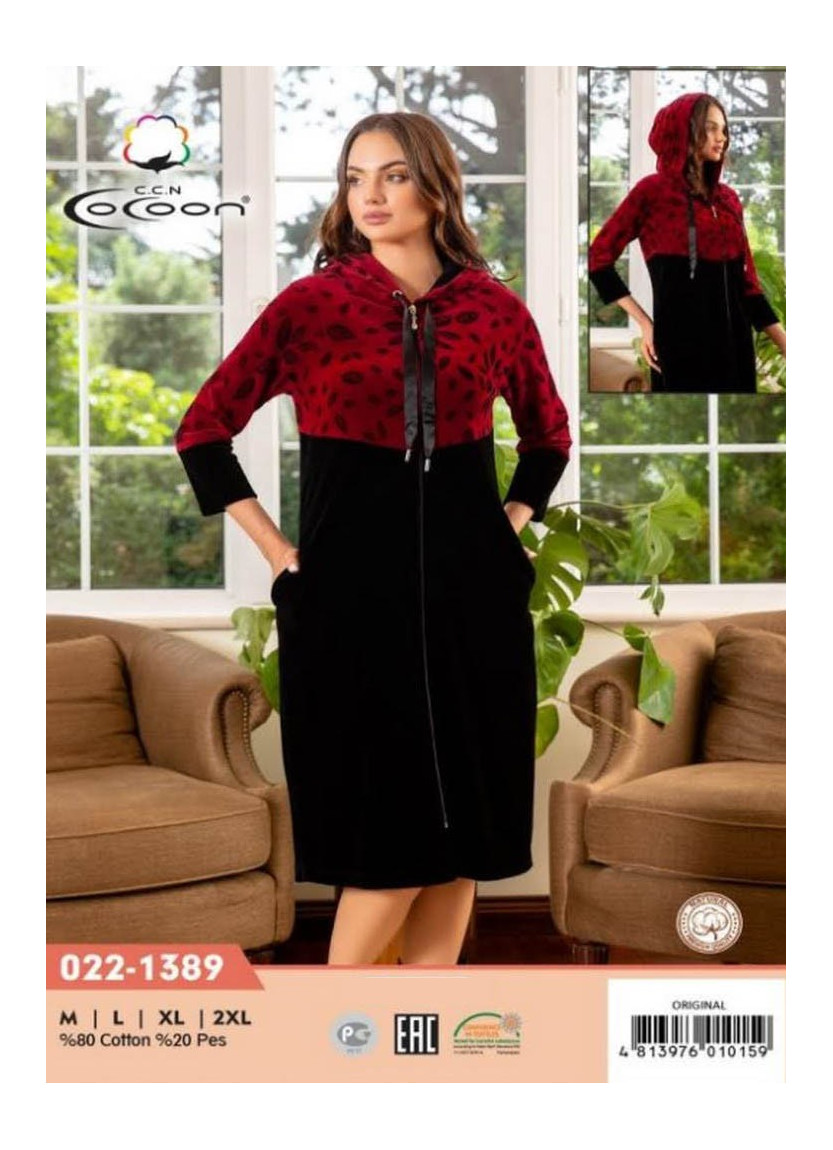Халат Велюровый Женский на Молнии (M+L+XL+2XL) COCOON CCNO22-1389_ORI — турецкий текстиль оптом