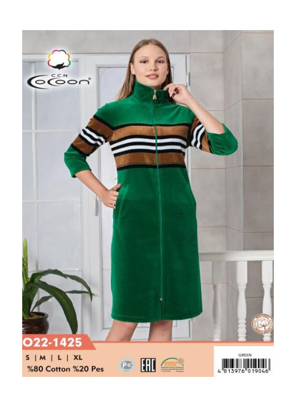 CCNO22-1425_GRN Velour Women's Robe (S+M+L+XL) — factory-direct from Turkey
