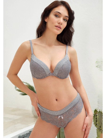 Push-Up Бюстгальтер и Стринги (Кружево, Декор Камни) Anil 4815 Grey — купить оптом из Турции