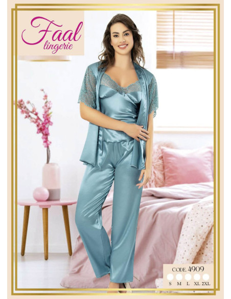 Пеньюар Женский с Брюками Пижама 3-ка Атлас Fall Fall 4909 — турецкий текстиль оптом