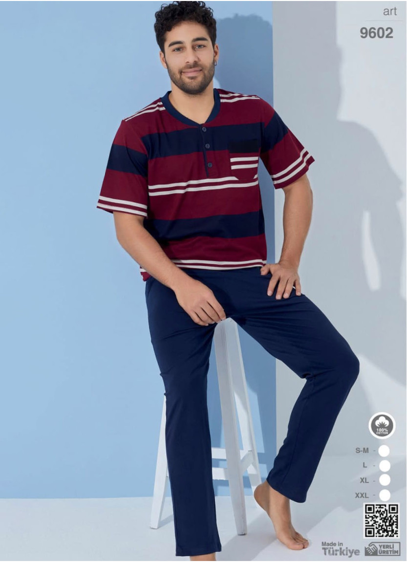 Хлопковая Пижама Мужская с Брюками (SM+L+XL+2XL) Seamlife 9602 — оптовая поставка из Турции