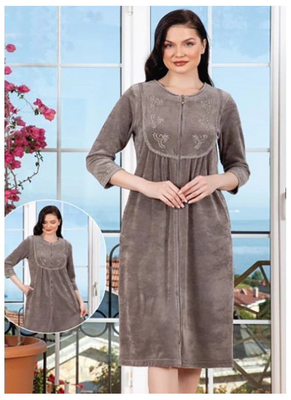 CCNV12-1517_GRY Velour Women's Robe (S+M+L+XL) — Turkish factory wholesale