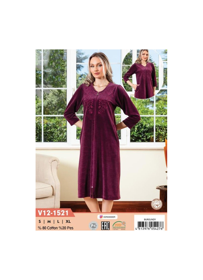 Халат Велюровый Женский на Молнии (S+M+L+XL) COCOON CCNV12-1521_BRG — купить оптом со Стамбула