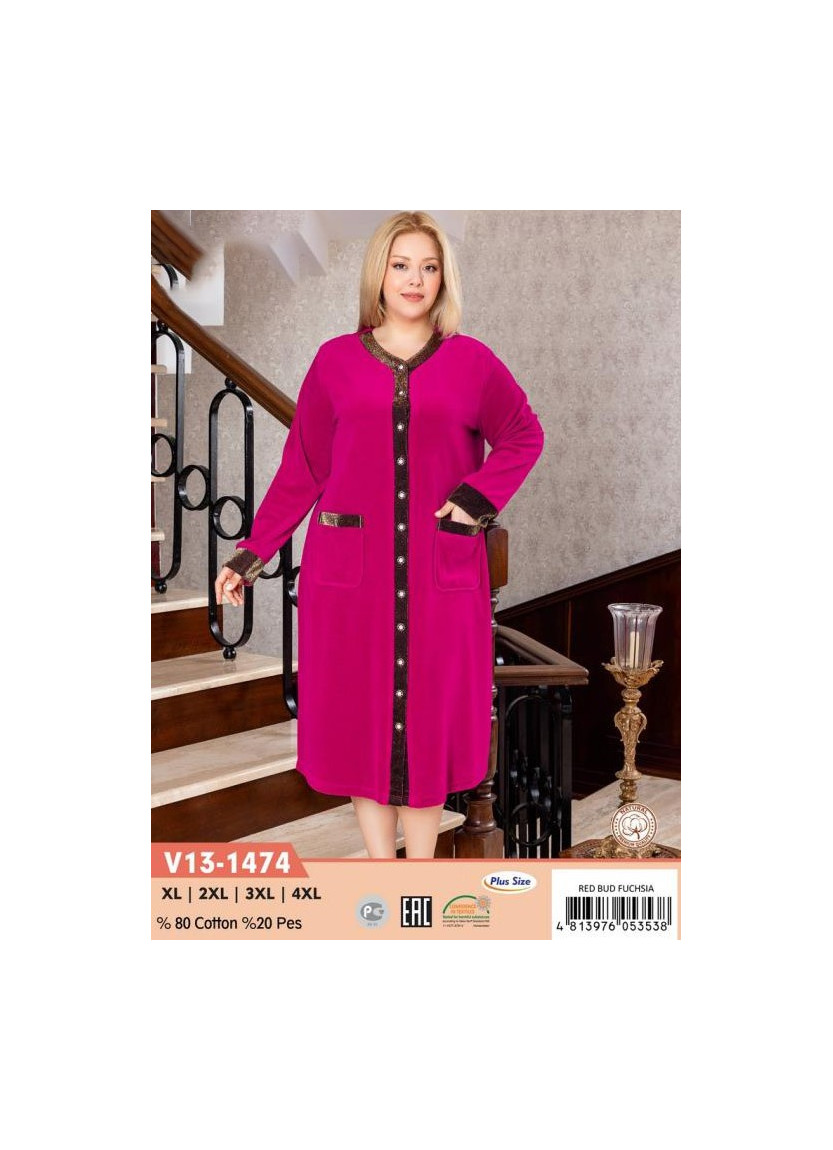 Халат Велюровый Женский на Пуговицах (XL+2XL+3XL+4XL) COCOON CCNV13-1474_RBF — купить оптом со Стамбула