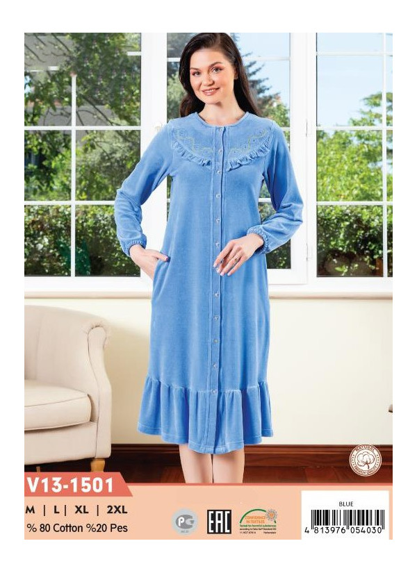 CCNV13-1501_BLU Velour Women's Robe (M+L+XL+2XL) — Turkey wholesale collection