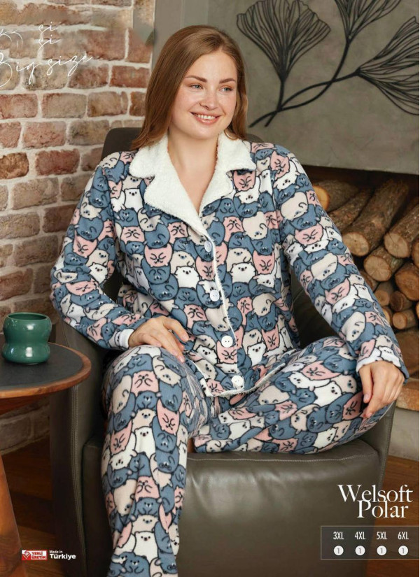 Пижама Женская на Пуговицах Флис Polar (3XL+4XL+5XL+6XL) Welsoft Pijamo 55214 — оптом для магазинов и бутиков