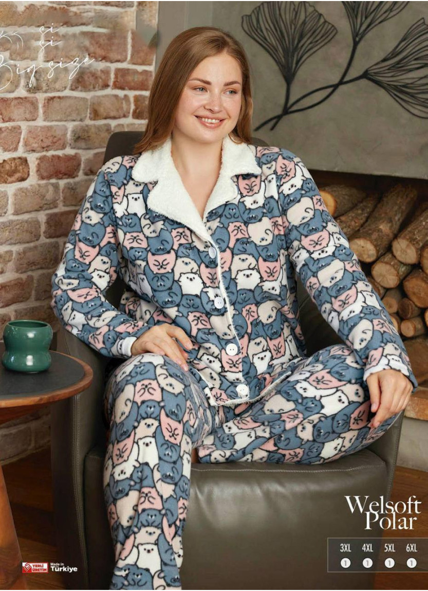 Пижама Женская на Пуговицах Флис Polar (3XL+4XL+5XL+6XL) Welsoft Pijamo 55214 — оптом для магазинов и бутиков