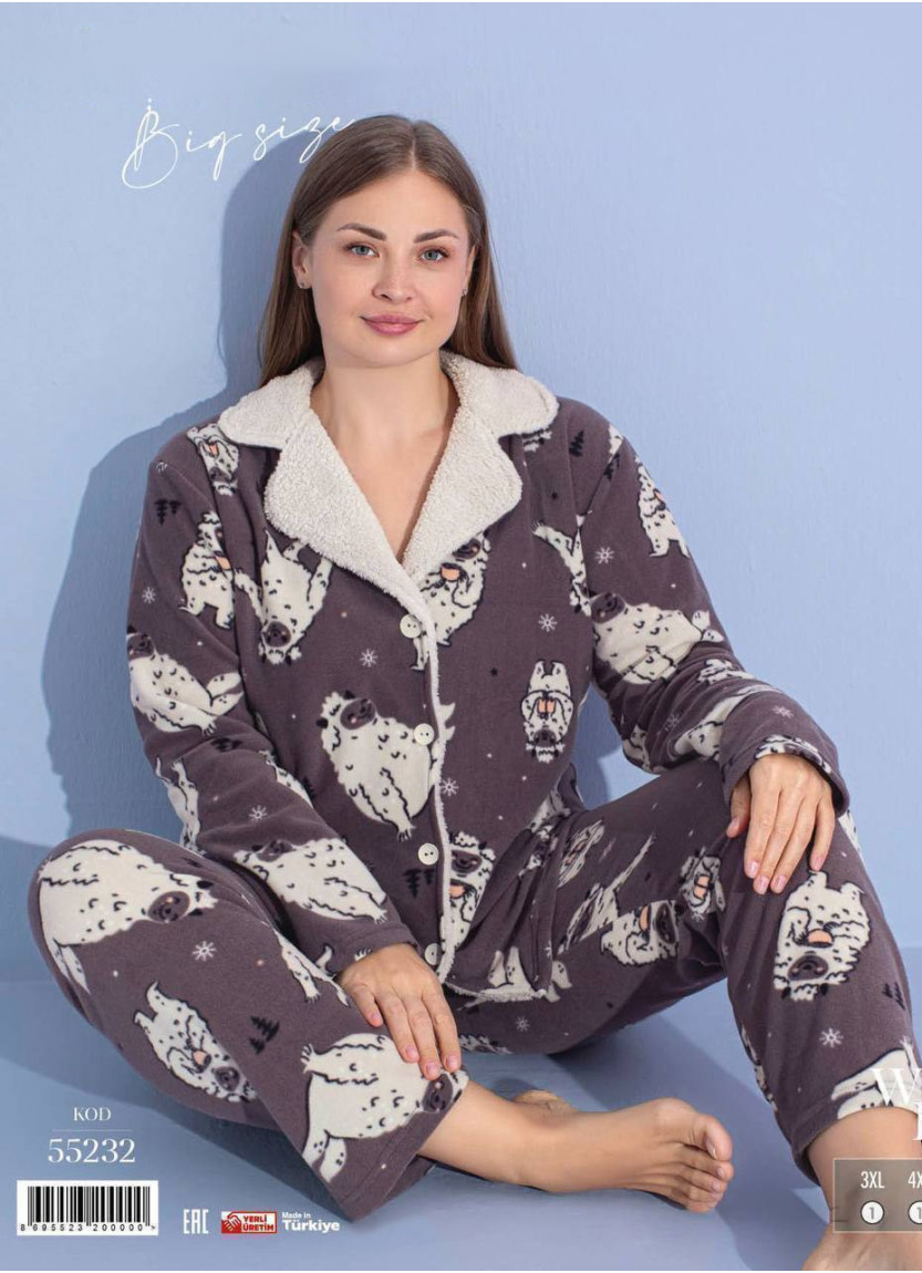 Пижама Женская на Пуговицах Флис Polar (3XL+4XL+5XL+6XL) Welsoft Pijamo 55232 — оптовая поставка из Турции