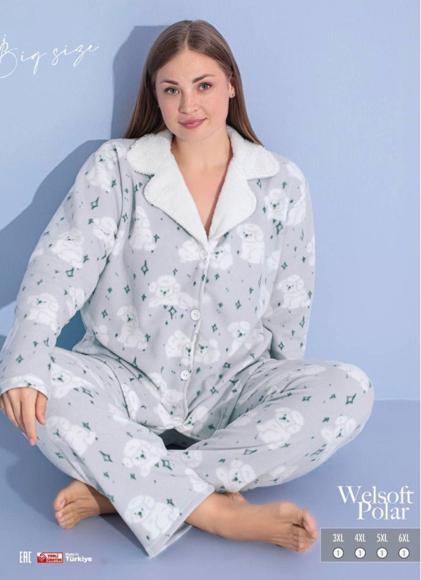 Пижама Женская на Пуговицах Флис Polar (3XL+4XL+5XL+6XL) Welsoft Pijamo 55409 — оптовая поставка из Турции
