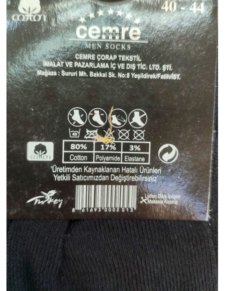 ARVIO Uz KOM 12001 Siyah Cotton 12-Pair Pack Men's Socks (40-44) — Turkish textile wholesale