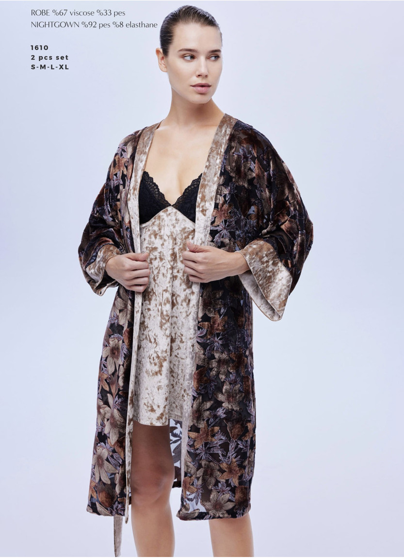 Халат с Ночной Рубашкой 2-ка VELVET DEVORE FABRIC Bonjour Madame 1610 — фабричная коллекция оптом