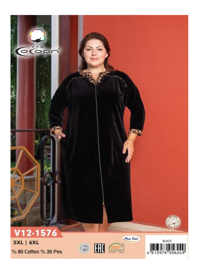 Халат Велюровый Женский на Молнии (5XL+6XL) COCOON CCNV12-1576_BLA — купить оптом из Турции