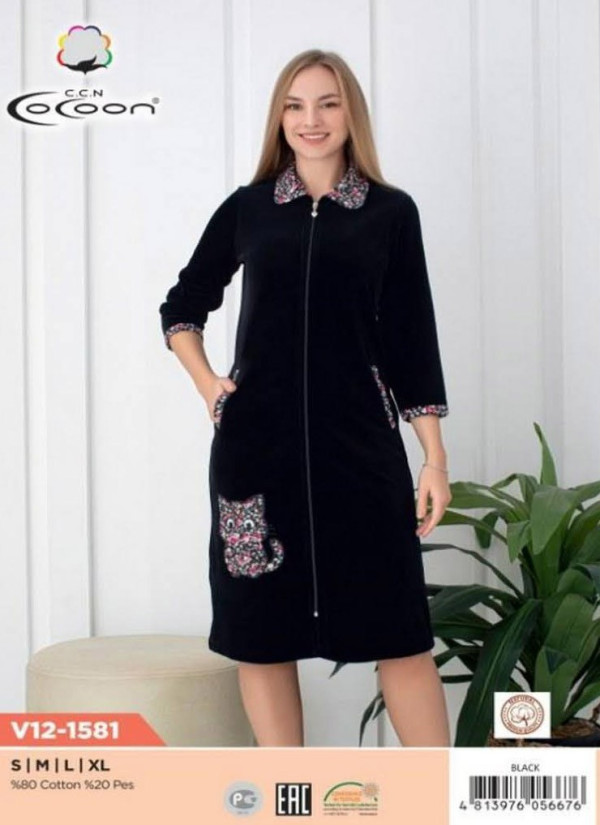 CCNV12-1581_BLA Velour Women's Robe (S+M+L+XL) — wholesale from Turkey