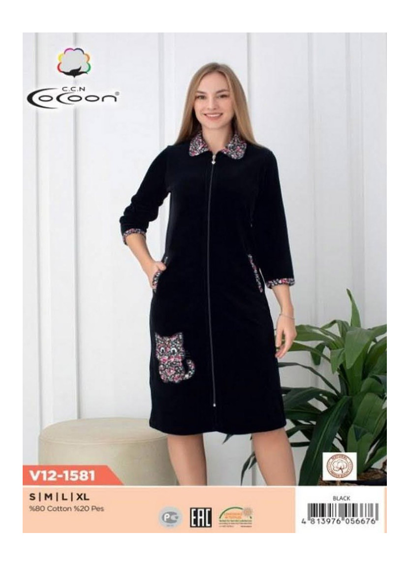 Халат Велюровый Женский на Молнии (S+M+L+XL) COCOON CCNV12-1581_BLA — купить оптом из Турции
