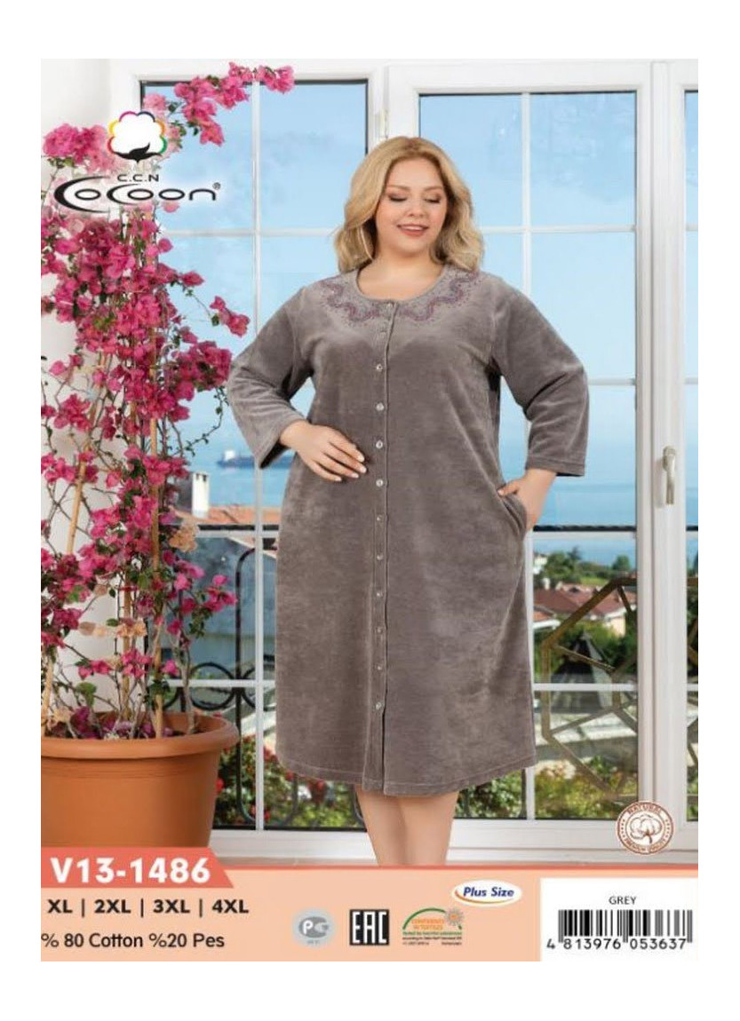 Халат Велюровый Женский на Пуговицах (XL+2XL+3XL+4XL) COCOON CCNV13-1486_MOR — оптовая поставка из Турции