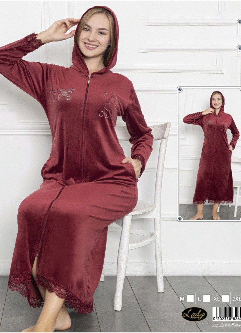Халат Женский Велюровый на Молнии с Капюшоном Длинный (M+L+XL+2XL) Lady Lady 26077 — оптом для магазинов и бутиков