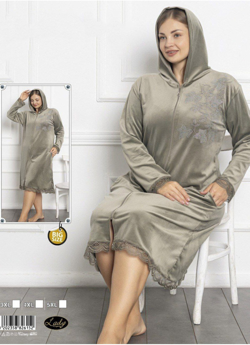 Халат Женский Велюровый на Молнии с Капюшоном (3XL+4XL+5XL) Lady Lady 26152 — оптом для магазинов и бутиков