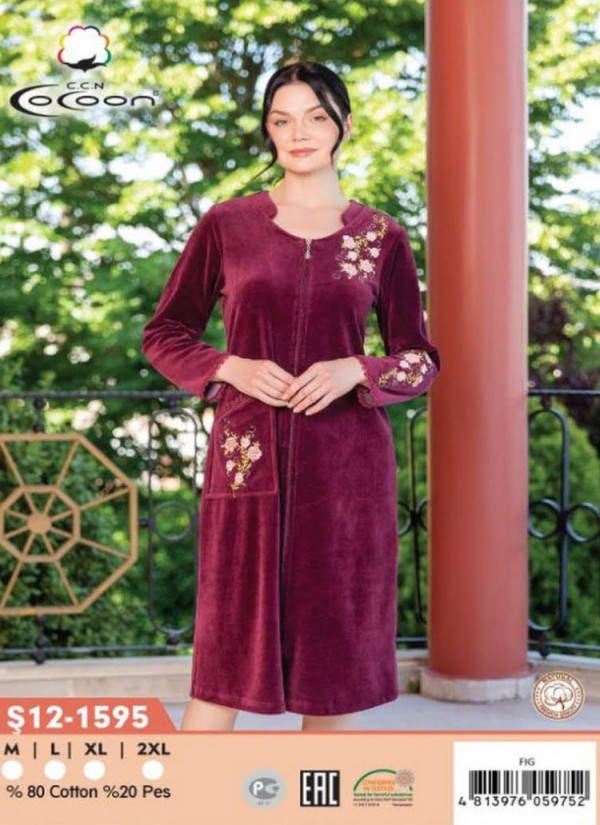 CCNŞ12-1595_FIG Velour Women's Robe (M+L+XL+2XL) — Turkish factory wholesale