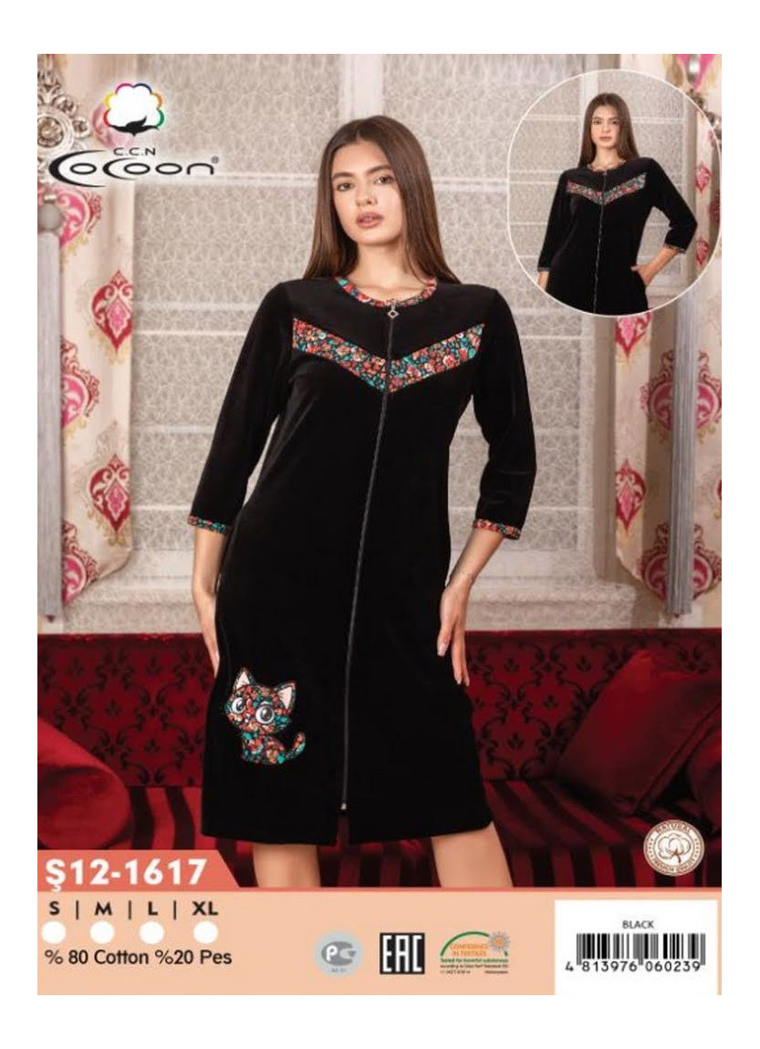 Халат Велюровый Женский на Молнии S+M+L+XL COCOON CCNŞ12-1617_BLA — оптом от турецкой фабрики
