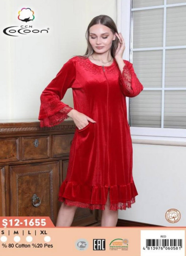 Халат Велюровый Женский на Молнии S+M+L+XL COCOON CCNŞ12-1655_RED — фабричная коллекция оптом