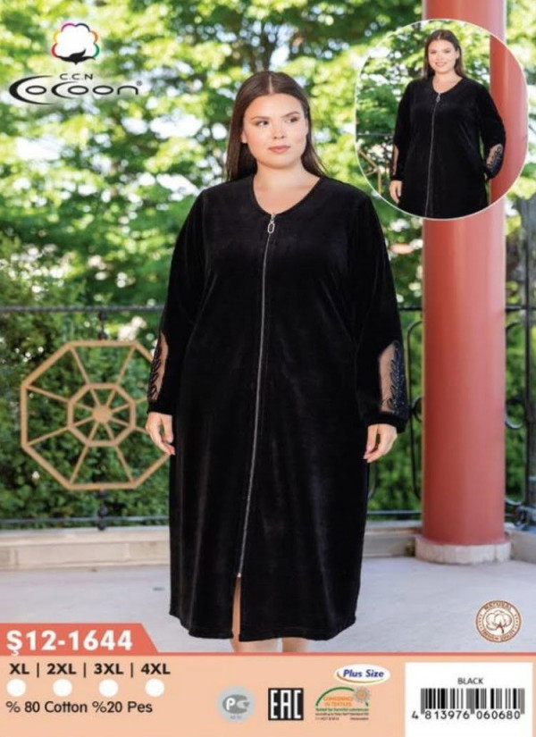 CCNŞ12-1644_BLK Velour Women's Robe (XL+2XL+3XL+4XL) — Turkish factory wholesale