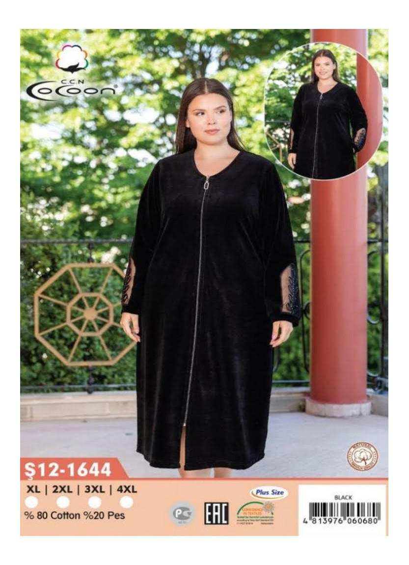 Халат Велюровый Женский на Молнии XL+2XL+3XL+4XL COCOON CCNŞ12-1644_BLK — оптом от турецкой фабрики