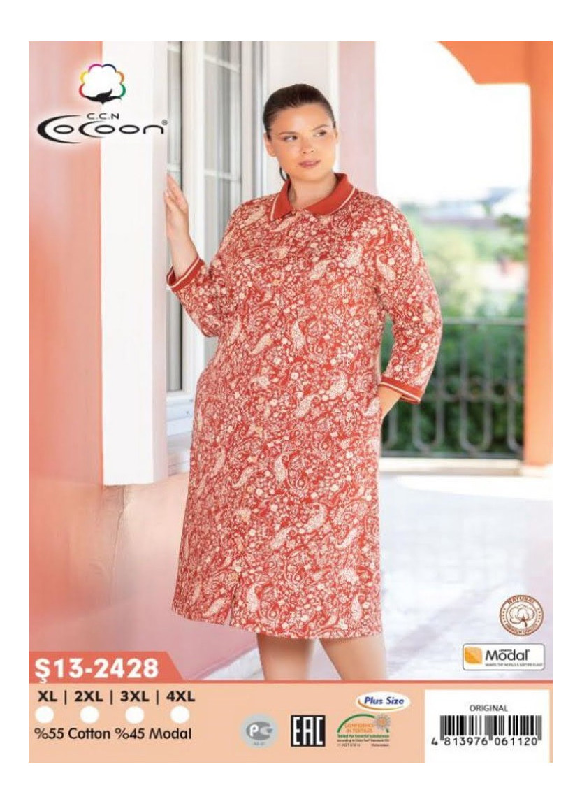 Халат Модал Женский на Пуговицах XL+2XL+3XL+4XL COCOON CCNŞ13-2428_ORI — оптом от турецкой фабрики