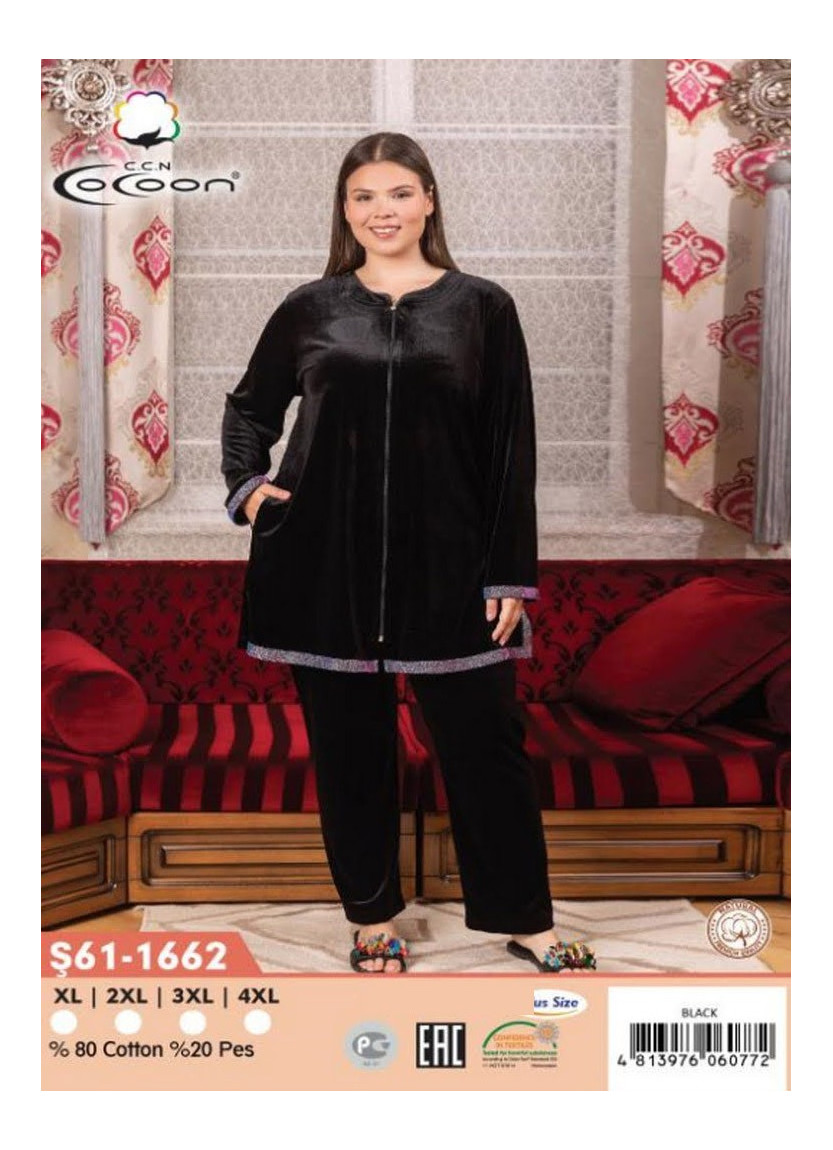 Велюровый Комплект с Брюками XL+2XL+3XL+4XL COCOON CCNŞ61-1662_BLA — фабричная коллекция оптом