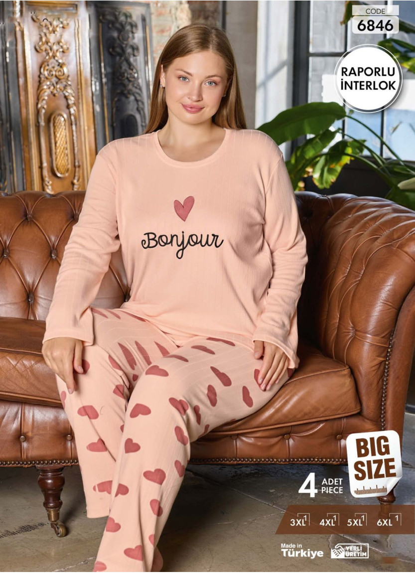 Пижама Женская из Рапортного Интерлока (3XL+4XL+5XL+6XL) Raporlu Interlok Pijamo 6846 — фабричная коллекция оптом