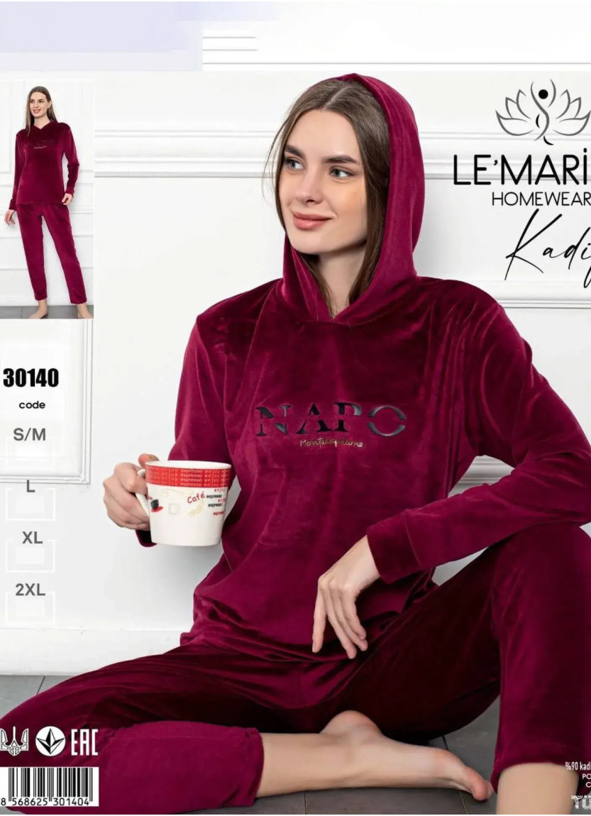 Пижама Женская Велюровая с Капюшоном (S/M+L+XL+XXL) LE' MARIES LEMARIES Kdf 30140 — турецкий текстиль оптом