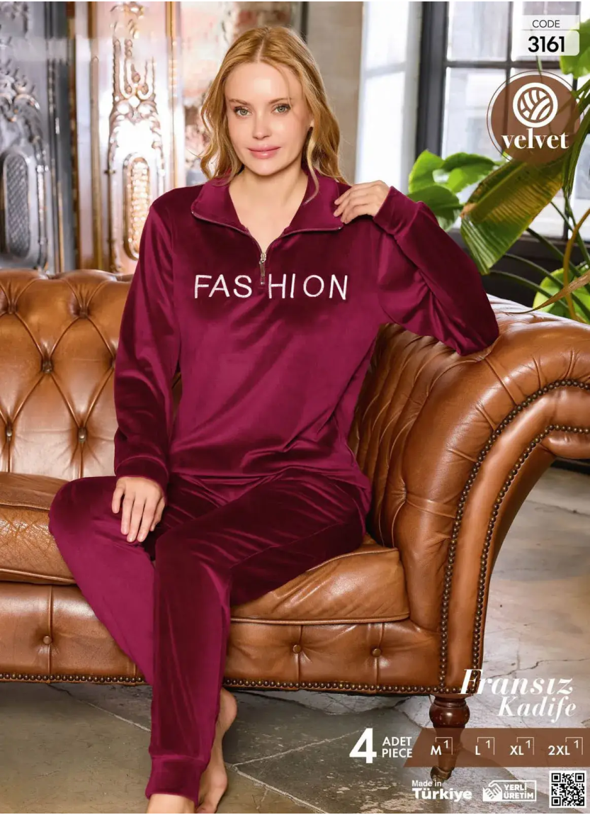 Женская Бархатная Пижама Французский Велюр Тёплый Костюм (M+L+XL+2XL) Velvet Pijamo 3161 — оптовая поставка из Турции