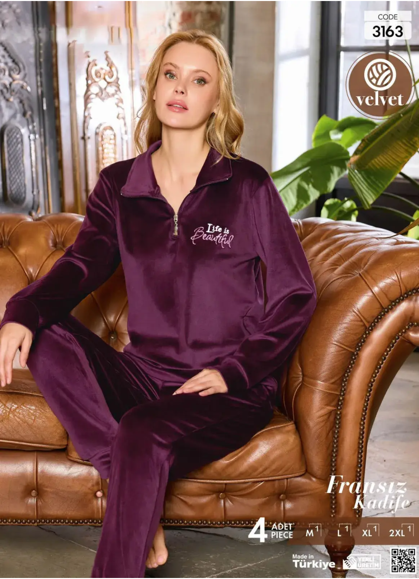 Женская Бархатная Пижама Французский Велюр Тёплый Костюм (M+L+XL+2XL) Velvet Pijamo 3163 — оптом для магазинов и бутиков