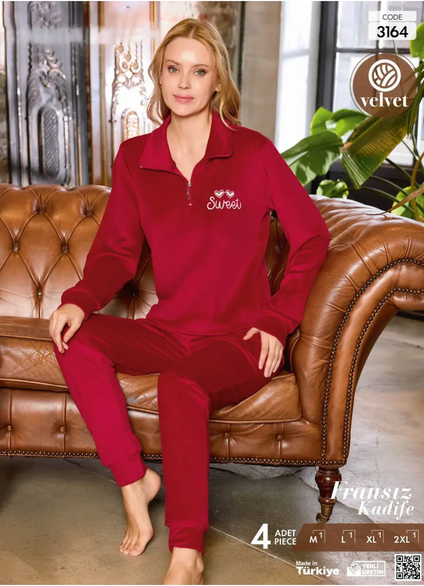 Женская Бархатная Пижама Французский Велюр Тёплый Костюм (M+L+XL+2XL) Velvet Pijamo 3164 — купить оптом из Турции