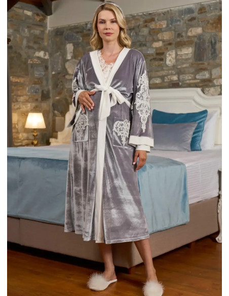 AQUA 26309 Gri Lace Women's Robe — Turkish textile wholesale