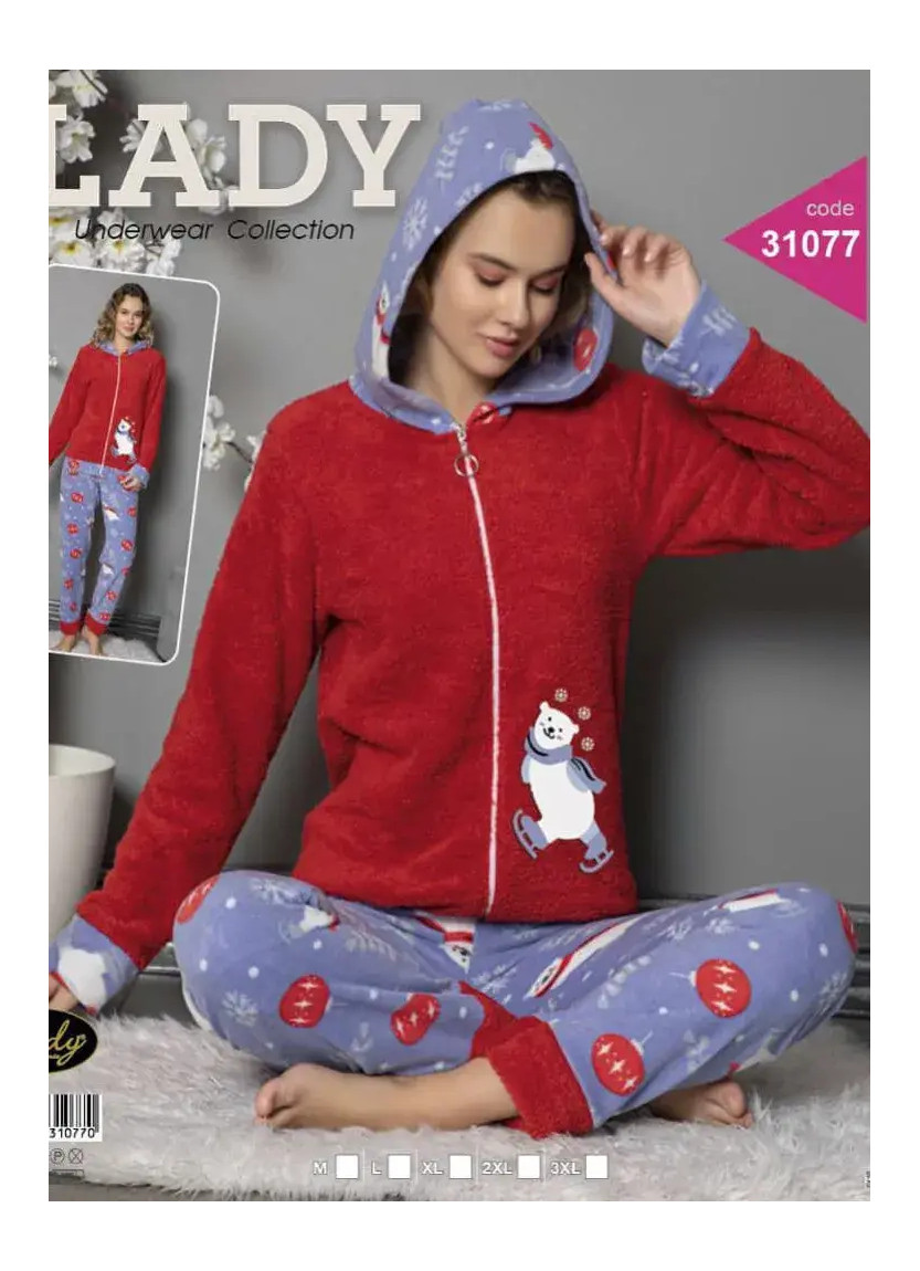 Пижама Женская с Капюшоном Велсофт Полар Флис (M+L+XL+2XL+3XL) Lady 31077 — оптовая поставка из Турции