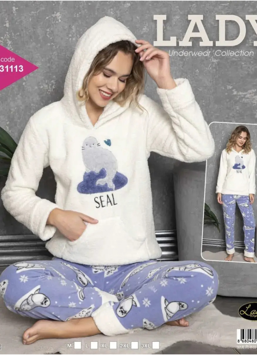 Пижама Женская с Капюшоном Велсофт Полар Флис (M+L+XL+2XL+3XL) Lady 31113 — турецкий текстиль оптом