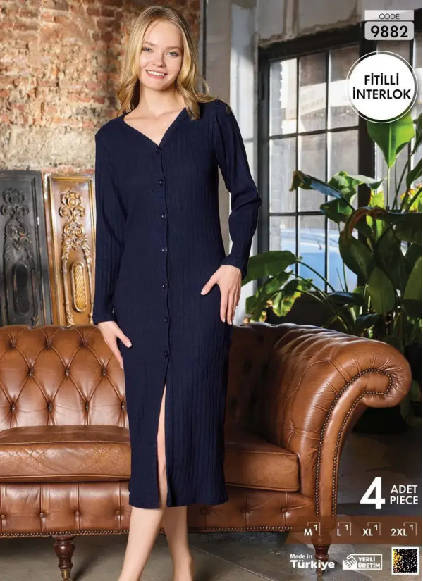 Платье из Интерлока в Рубчик на Пуговицах (M+L+XL+2XL) FITILLI INTERLOK Pijamo 9882 — оптом для магазинов и бутиков
