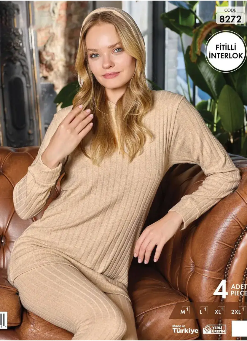 Пижама Женская из Рельефного Интерлока с Капюшоном (M+L+XL+2XL) FITILLI INTERLOK Pijamo 8272 — оптовая поставка из Турции