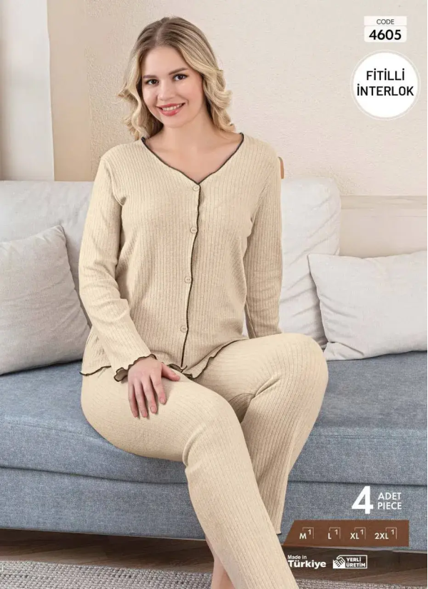 Пижама Женская из Рельефного Интерлока на Пуговицах (M+L+XL+2XL) FITILLI INTERLOK Pijamo 4605 — турецкий текстиль оптом