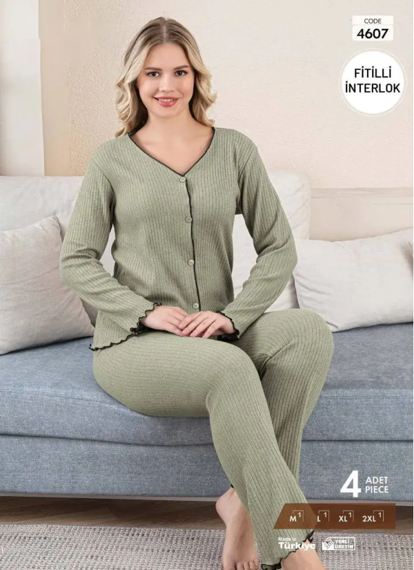 Пижама Женская из Рельефного Интерлока на Пуговицах (M+L+XL+2XL) FITILLI INTERLOK Pijamo 4607 — купить оптом из Турции