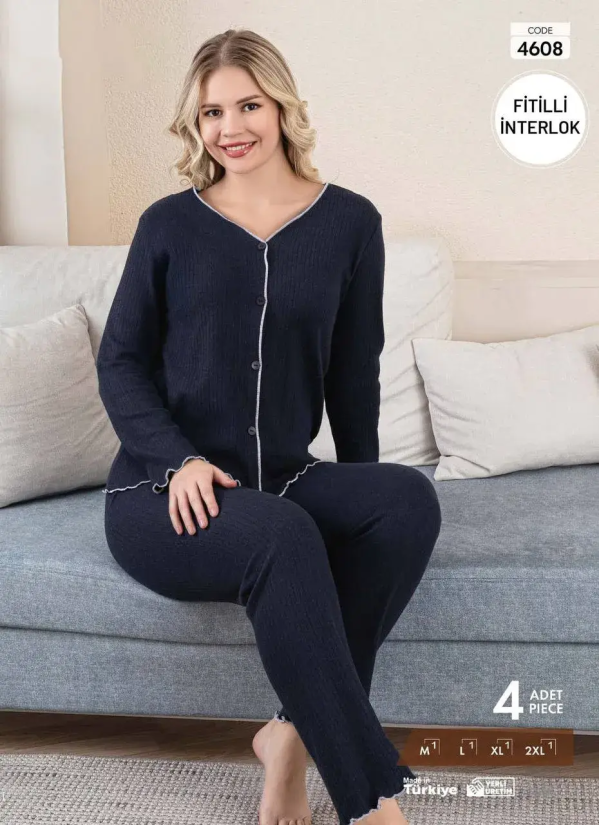 Пижама Женская из Рельефного Интерлока на Пуговицах (M+L+XL+2XL) FITILLI INTERLOK Pijamo 4608 — оптовая поставка из Турции
