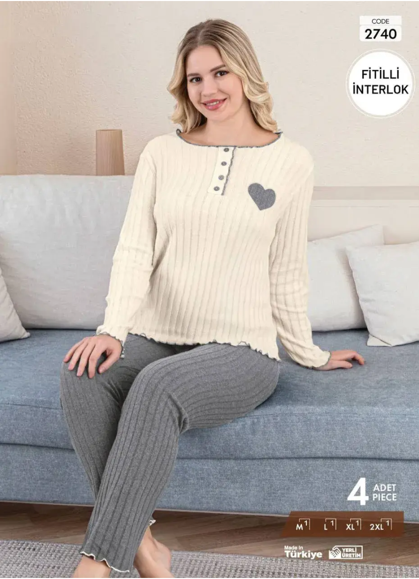 Пижама Женская из Рельефного Интерлока с Длинным Рукавом (M+L+XL+2XL) FITILLI INTERLOK Pijamo 27 — оптом для магазинов и бутиков