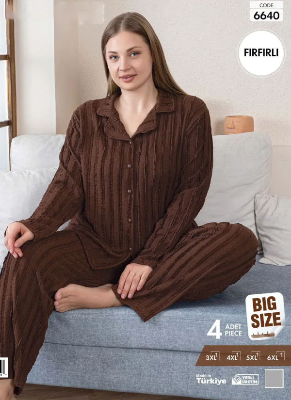Пижама Женская на Пуговицах с Длинным Рукавом (3XL+4XL+5XL+6XL) FIRFIRLI Pijamo 6640 — турецкий текстиль оптом