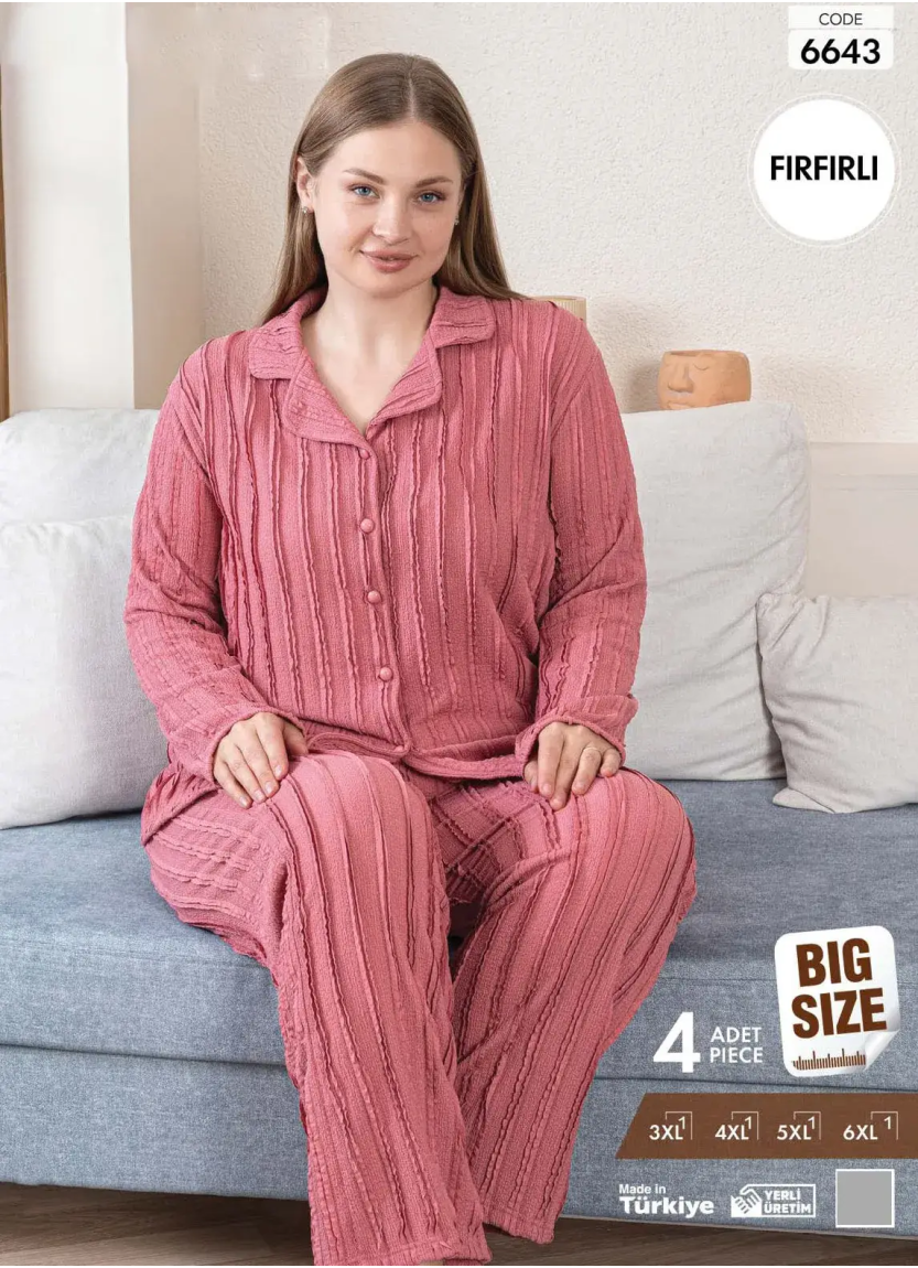 Пижама Женская на Пуговицах с Длинным Рукавом (3XL+4XL+5XL+6XL) FIRFIRLI Pijamo 6643 — купить оптом из Турции