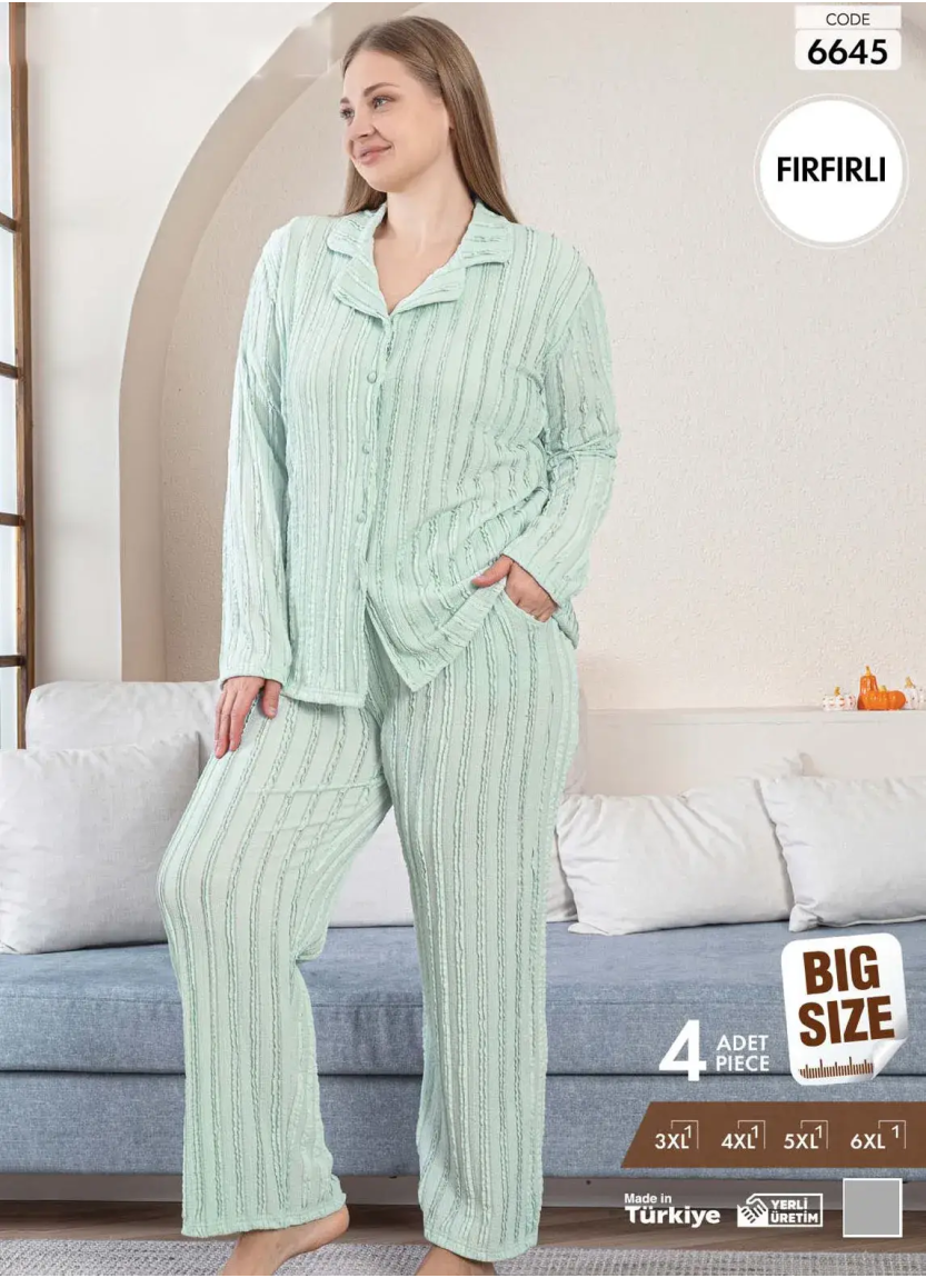 Пижама Женская на Пуговицах с Длинным Рукавом (3XL+4XL+5XL+6XL) FIRFIRLI Pijamo 6645 — оптовая поставка из Турции