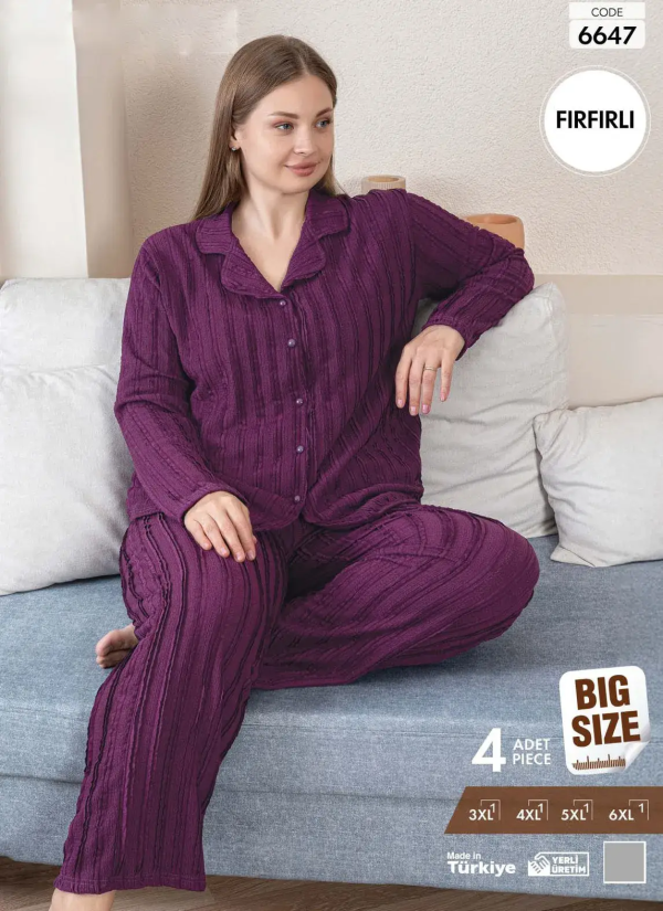 Пижама Женская на Пуговицах с Длинным Рукавом (3XL+4XL+5XL+6XL) FIRFIRLI Pijamo 6647 — турецкий текстиль оптом