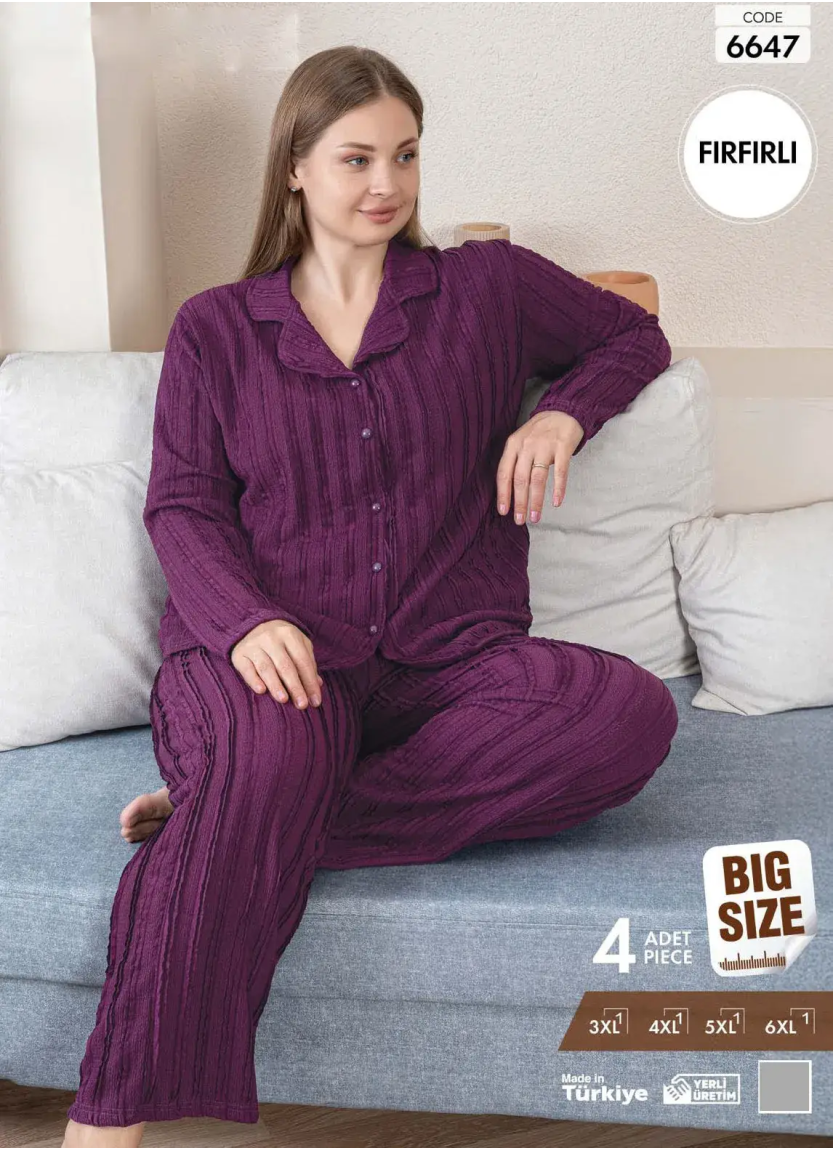 Пижама Женская на Пуговицах с Длинным Рукавом (3XL+4XL+5XL+6XL) FIRFIRLI Pijamo 6647 — турецкий текстиль оптом