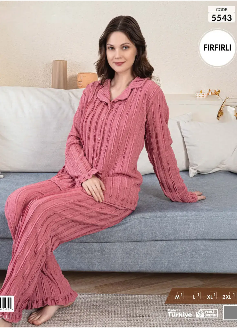 Пижама Женская на Пуговицах с Длинным Рукавом (M+L+XL+2XL) FIRFIRLI Pijamo 5543 — купить оптом из Турции