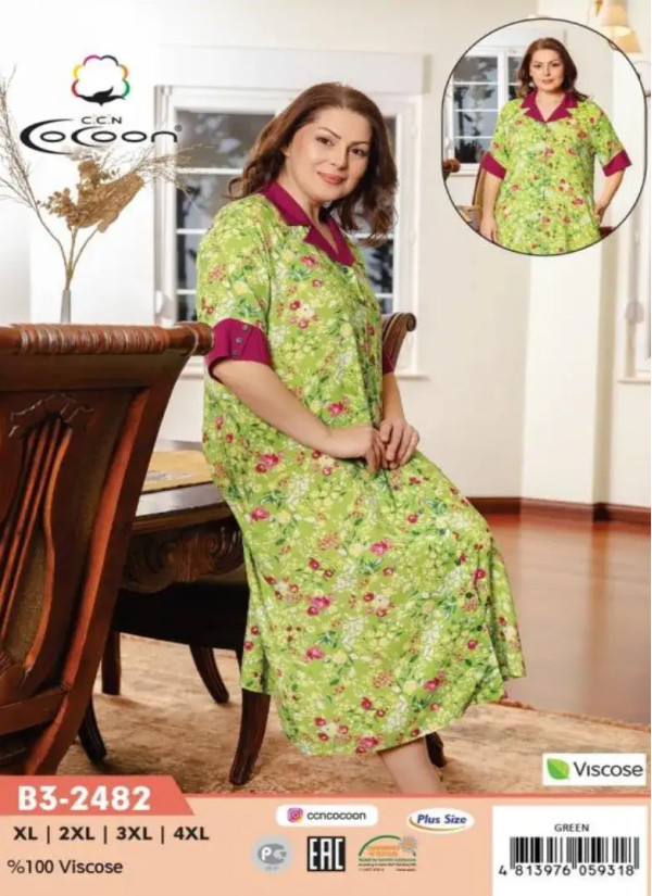 CCNB3-2482_GRN Viscose Women's Robe (XL+2XL+3XL+4XL) — wholesale from Turkey
