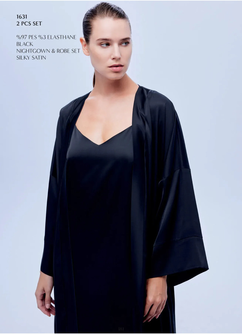 Халат с Ночной Рубашкой 2-ка SILKY SATIN Bonjour Madame 1631 BLACK — фабричная коллекция оптом